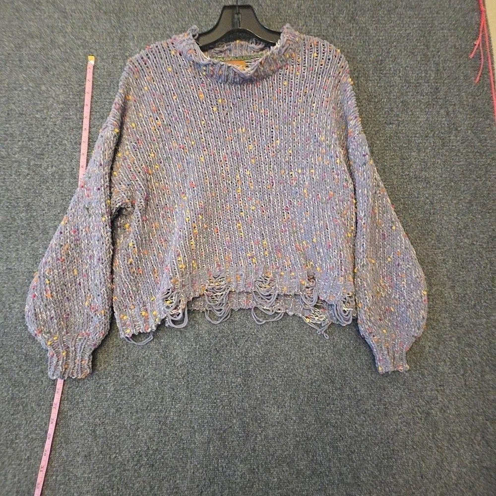 POL Sweater Womens Medium Purple Polka Dot Mock Neck Fringe Knit Balloon Sleeve